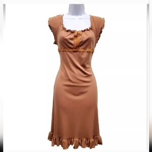 Vintage Finesse Women's Dress L Brown Midi Sleeveless Flattering Ruffle Trim